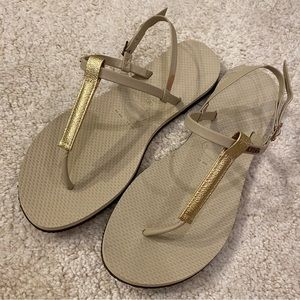 Beige and gold thin strap havaianas sandals flip flops beach summer sandals